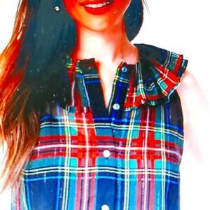 J Crew sleeveless ruffle collar tartan plaid shirt top women M * JCrew